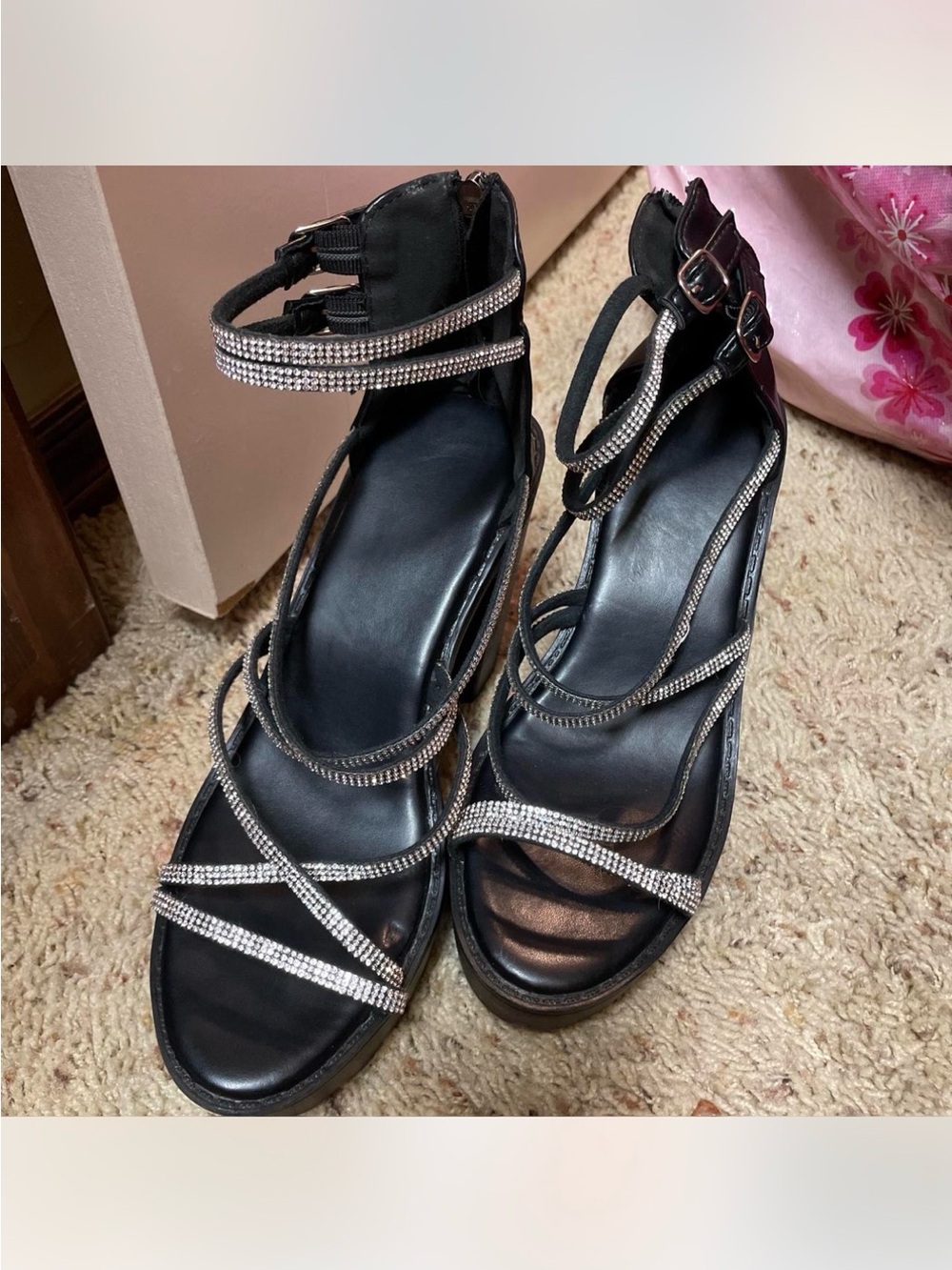 Black Rhinestone Strappy Women's Sandals